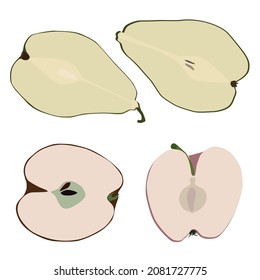  mitades de pera verde y manzana roja con semillas. Ilustración vectorial de dibujos animados aislada en fondo blanco