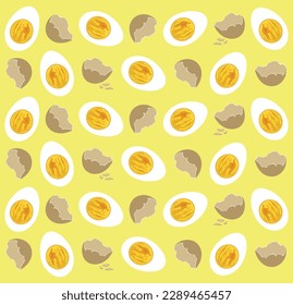 Halves of hard-boiled eggs and broken shells. Pattern with eggs on a yellow background. Boiled and peeled eggs. Decorative wallpaper with eggs and shells. Color illustration, vector drawing
