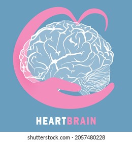 Halves of heart and brain that are hugging. Warm hugs of rational and emotion as symbol of health. Close embrace as physical and mental love logo. Banner, flyer, web poster. Vector illustration