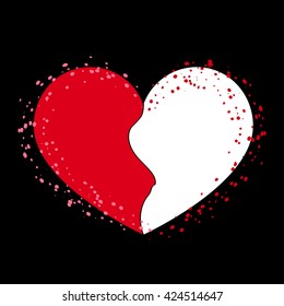 Halves heart icon. Two half puzzle. Broken shape sign, isolated on black background. Beautiful symbol of heartache, passion or Valentine day, romantic, love. Drawing brush, grunge. Vector illustration