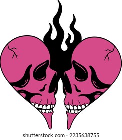 Halves heart and skulls in emo style hand drawn