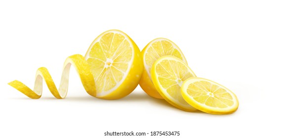 Halves of lemons with slices and peels on a white background. Vector illustration