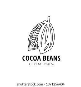 Halves of line ripe cocoa pod with beans on white background. Organic cocoa beans logo