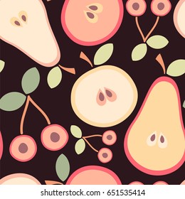 Halves of pears, apples and cherries. Seamless vector pattern in retro colors.