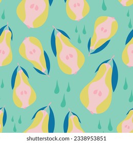 Of halves of pears. Seamless pattern on a red background. Fresh fruits. Flat design. Hand-drawnd.