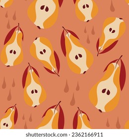 Of halves of pears. Seamless pattern on a red background. Fresh fruits. Flat design. Hand-drawnd.