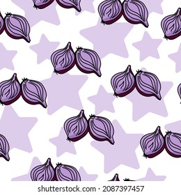 halves of purple onion seamless pattern, cooking bulbs and purple stars on a white background vector illustration