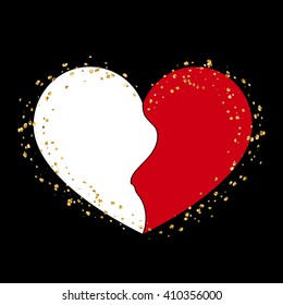 Halves red and white heart icon. Two half puzzle. Art design template. Broken shape sign, isolated on white background. Symbol wedding, Valentine day, romantic, love. Golden splash Vector illustration