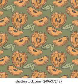 Halves of ripe persimmon on green background. Seamless pattern ripe juicy fruits and foliage. Grocery print for textile, wrapping paper, fabric, product design, vector graphic