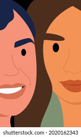 Halves of two female faces. Equality women's day or happy women's day. Sisterhood, friendship, equality. Vector illustration.