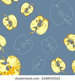 Halves of yellow apples and hand drawn with lines. Juicy apples fruits. Seamless pattern background. Hand drawn line vector illustration. Modern design for fabric, wallpaper, textile, labels.