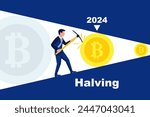 Halving btc. Remuneration halved. Bitcoin mining infographic. April 2024. Halving conception. Vector illustration flat design. Isolated on white background.