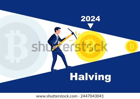 Halving btc. Remuneration halved. Bitcoin mining infographic. April 2024. Halving conception. Vector illustration flat design. Isolated on white background.