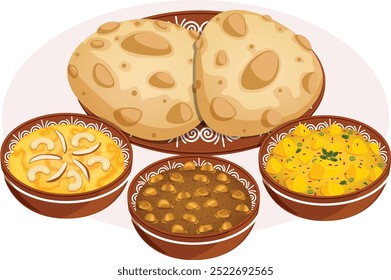 Halwa Poori Served in Mud Plates and Bowls. Puries with Suji Halwa, Chickpea Gravy and Potato Curry. Authentic Asian Breakfast Detailed Illustration 