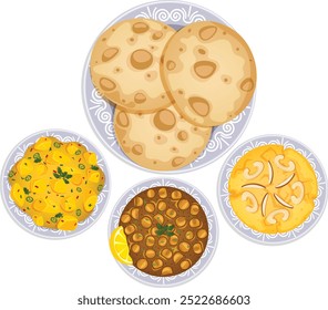 Halwa Poori Top View. Poories in Plate with Suji Halwa, Chana Masala and Potato Curry. Authentic Indian Breakfast Vector Art 