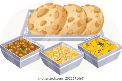 Halwa Puri Ilustración detallada. Purés en bandeja con curry picante de patata, Suji Halwa y Chana Masala en tazones cuadrados. Arte vectorial de Desayuno Auténtica del Sur de Asia 