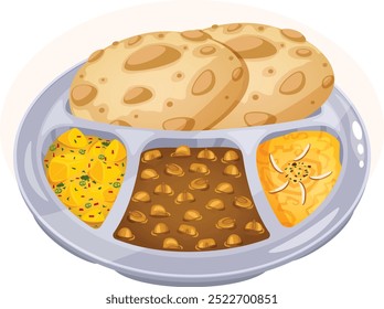 Halwa Puri en bandeja de metal. Patata al curry, Chana Masala y Suji Halwa en secciones separadas. Arte vectorial indio de la bandeja de desayuno 