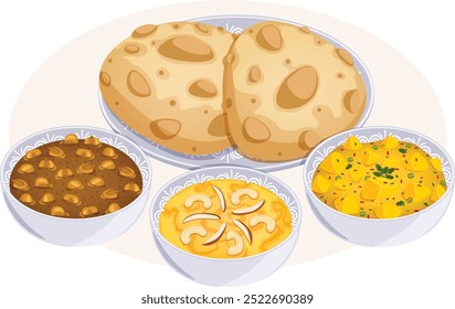 Halwa Puri. Purés en Plato con Chana Masala, Suji Halwa y Curry de Patata Picante en Cuencos. Ilustración detallada del desayuno indio 