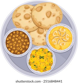 Halwa Puri Thali Top View. Suji Halwa, Potato Curry, Chana Masala and Puries. Indian Breakfast Vector Art    