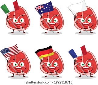 Ham cartoon character bring the flags of various countries. Vector illustration