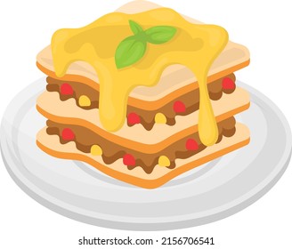 Ham And Cheese Overnight Breakfast Lasagna Concept, Beef Pastitsio Lasagne vector color icon design, Cooking breakfast symbol, Morning Meal Dishes Sign, Restaurant or cafe menu stock illustration