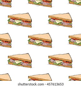 Ham, cheese, tomato and lettuce sandwich sketch style vector seamless pattern on white background