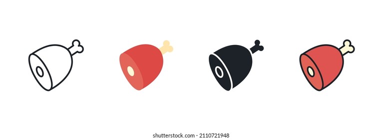 Ham, icono del gammon. Los iconos de color plano lineal concuerdan con el contorno de la forma. Silueta negra aislada. Rellenar icono sólido. Diseño de glifos modernos. Conjunto de ilustraciones vectoriales. Productos cárnicos. Ingredientes alimenticios