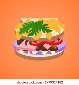 Ham and grilled mushroom with mayonnaise and BBQ sauce wheat bun sandwich covered by cheese and herbs isolated on orange background, culture food vector illustration design.