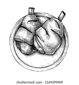 Ham hocks on plate drawing. German food sketch. Oktoberfest menu design element. Hand drawn fast food illustration for Octoberfest. Traditional German cuisine sketch. Pork knuckle in engraved style