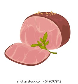 Ham icon. Piece of smoked pork - delicious red meat for sandwich. Fat food vector symbol. Illustration isolated on white background. Design element in cartoon style.