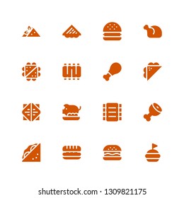 ham icon set. Collection of 16 filled ham icons included Hamburguer, Sandwich, Ham leg, Ribs, Pork, Chicken