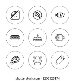 Ham icon set. collection of 9 outline ham icons with chicken, ham, meat, sandwich, salami icons. editable icons.