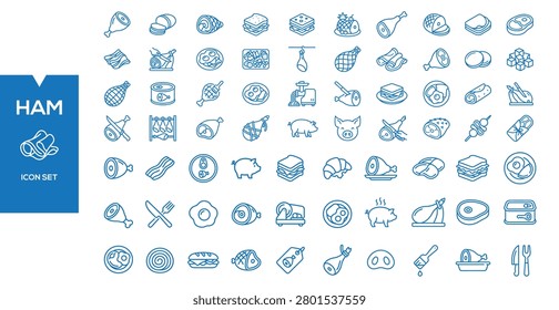 Ham Icon Set: A comprehensive collection of line art icons representing various cuts and preparations of ham, perfect for culinary and food-related design projects.