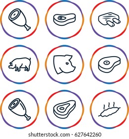 Ham icons set. set of 9 ham outline icons such as pig, beef