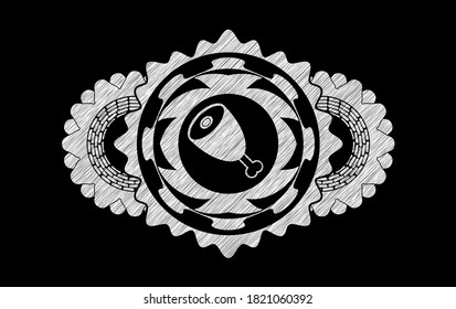 ham leg icon inside chalk realistic badge. Chalkboard exquisite background. Intense illustration. 