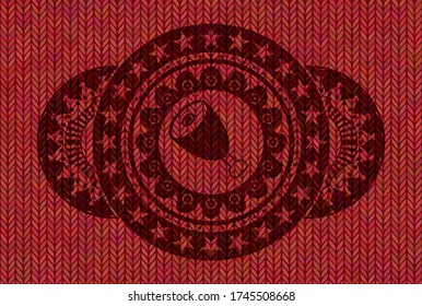 ícono de pierna jamón dentro del emblema de tela de madera de color rojo. El delicado fondo de la tela. Ilustración vectorial. 