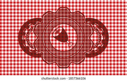 ícono de pierna jamón dentro del emblema del mantel de cuadros rojos. Restaurante de lujo. Ilustración artística. 
