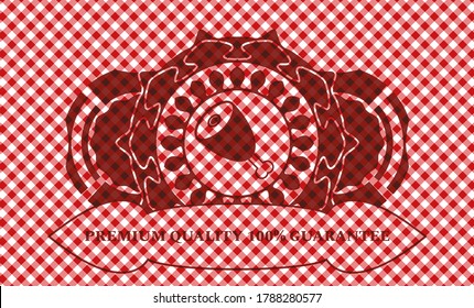 ham leg icon and Premium quality 100% guarantee text red checkered tablecloth emblem. Restaurant fancy background. Illustration. 