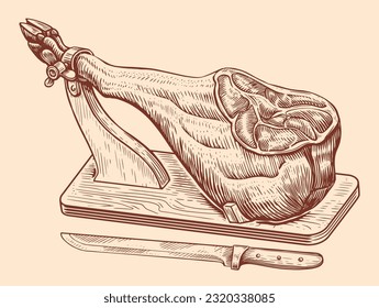 Ham leg on wooden stand. Meat farm pork engraving illustration vector. Spanish jamon hand drawn sketch