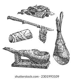 ham meat pork set hand drawn. food spanish, meal jamon, slice butcher, bacon cured, cut delicious ham meat pork vector sketch. isolated black illustration