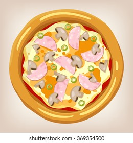 Ham and mushroom pizza vector illustration. Cartoon style icon. Restaurant menu illustration. 
