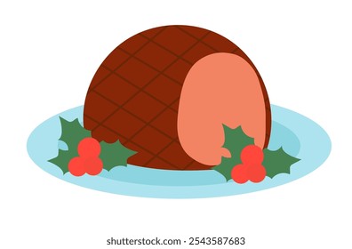 Ham on plate with mistletoe. Christmas Food element. Winter holidays Dish. Vector flat illustration.