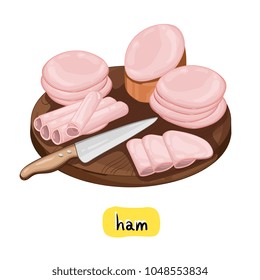 Ham on wooden cutting board isolated on white background vector illustration