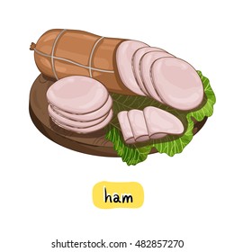 Ham on wooden cutting board isolated on white background vector illustration