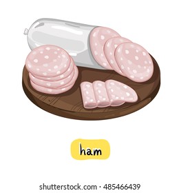 Ham on wooden cutting board isolated on white background vector illustration