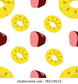 Ham and pineapple slices seamless background. Hand drawn doodles, over white background