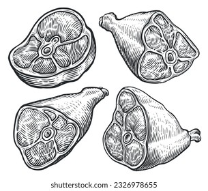 Ham, pork leg, beef steak, bacon. Farm meat set. Food concept, hand drawn sketch vector illustration