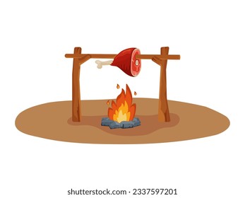 Jamón asado en una chimenea al aire libre. Ilustración de dibujos animados. Edad de piedra