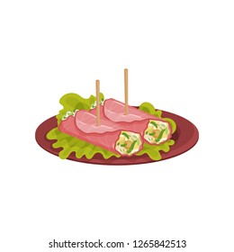 Ham rolls with cheese and greens. Delicious food for holiday banquet. Tasty snacks. Flat vector design