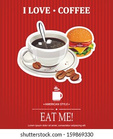 Ham sandwich and cup of coffee on a red background